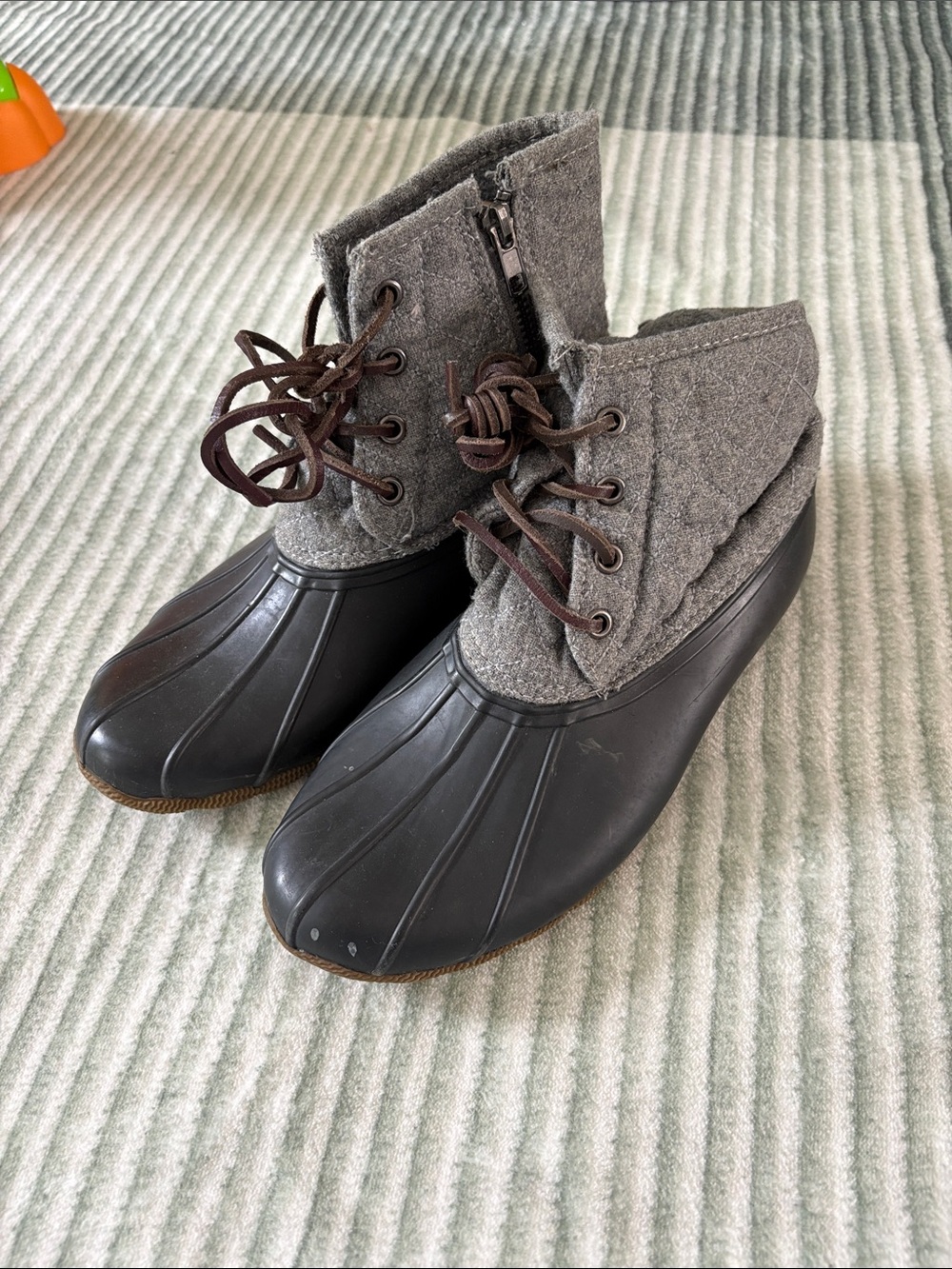 Grey Duck Boot with Brown Laces